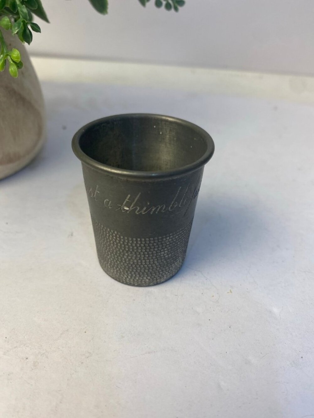 Vintage Poole Pewter Just A Thimbleful Jigger Shot Glass #2206 Barware Engraved